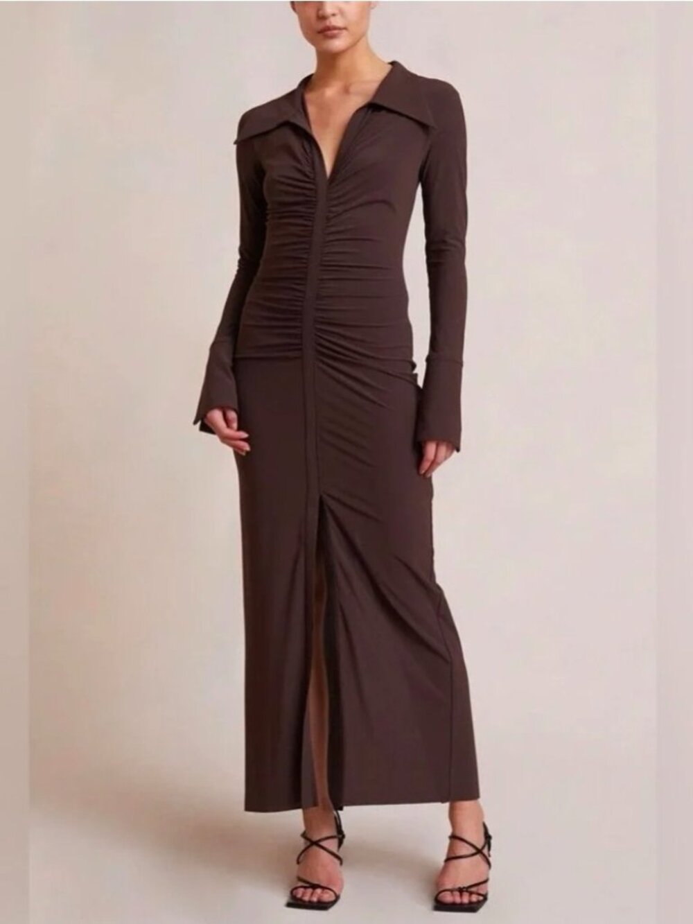 Bec & Bridge Sylvia Maxi Dress Sz 2 Cognac Brown Ruched Front